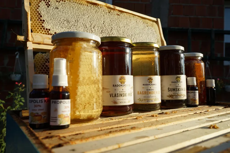 Ram sa saćem i cela ponuda: tegla sa saćem, vlasinski, bagremov i šumski med, propolis kapi i sprej